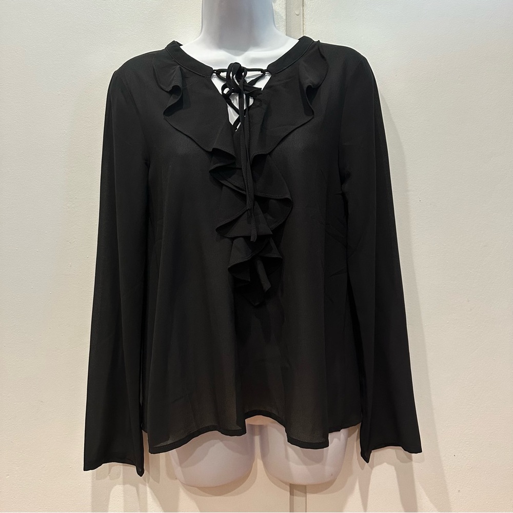 Nasty Gal Black Sheer Ruffle Tie Long Sleeve